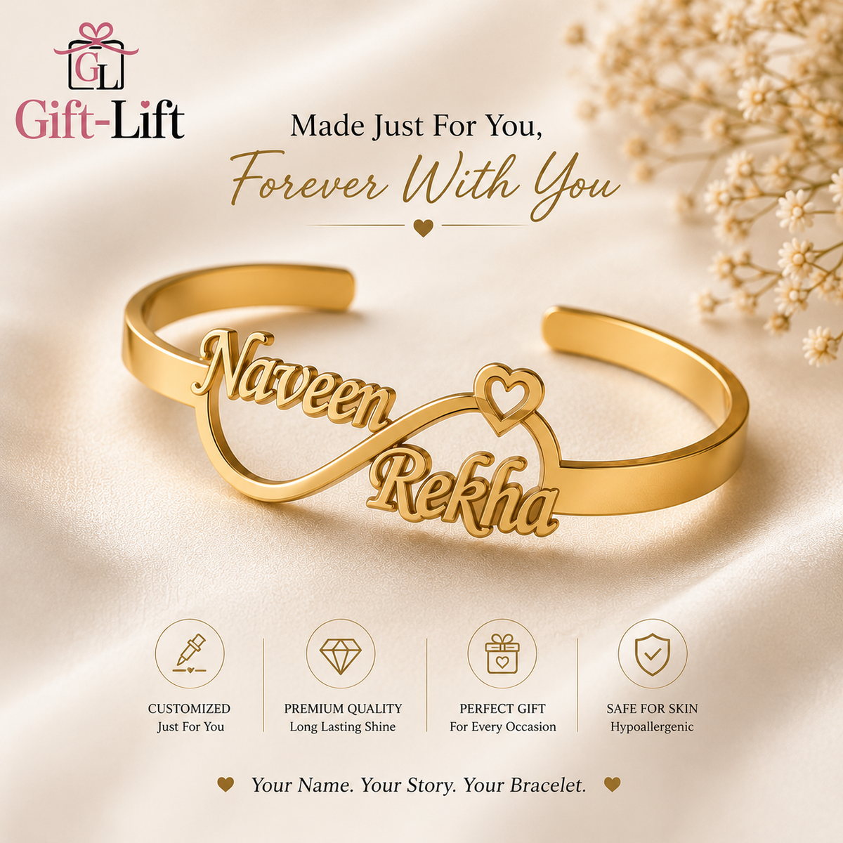 Custom Infinity Heart Couple Name Cuff Bracelet