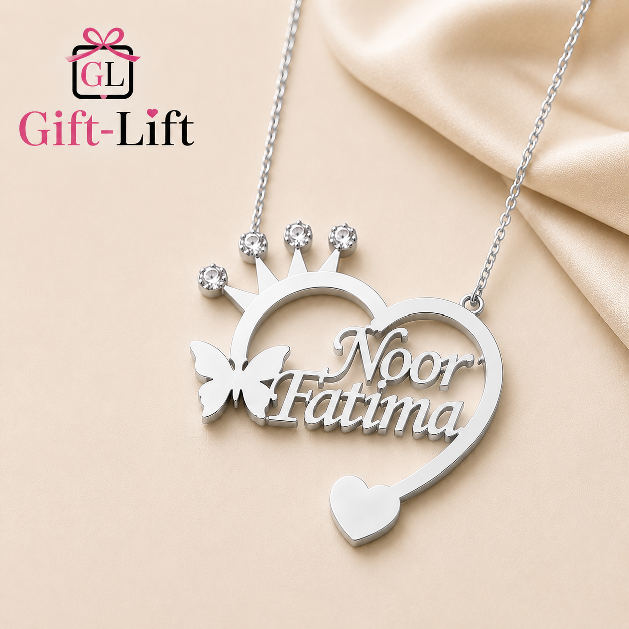 Custom Crown Heart Name Necklace with Butterfly