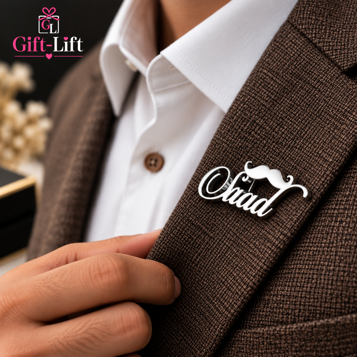 Custom Name Lapel Pin with Mustache Charm
