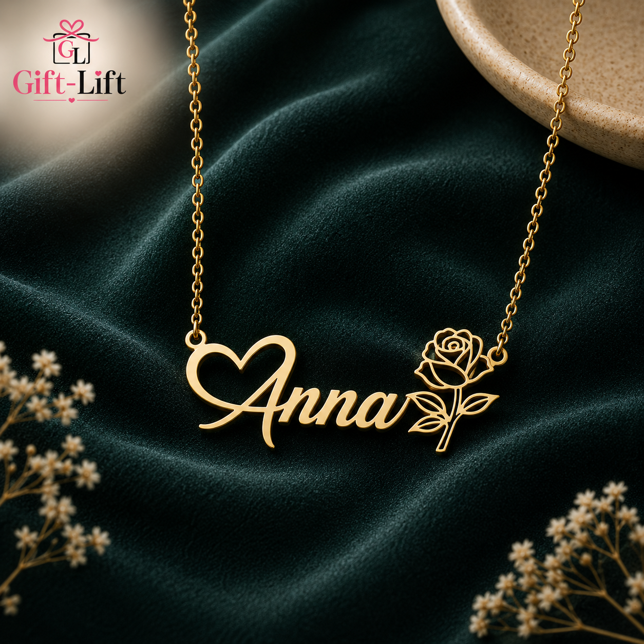 Custom Heart Name Necklace With Rose Charm🌹