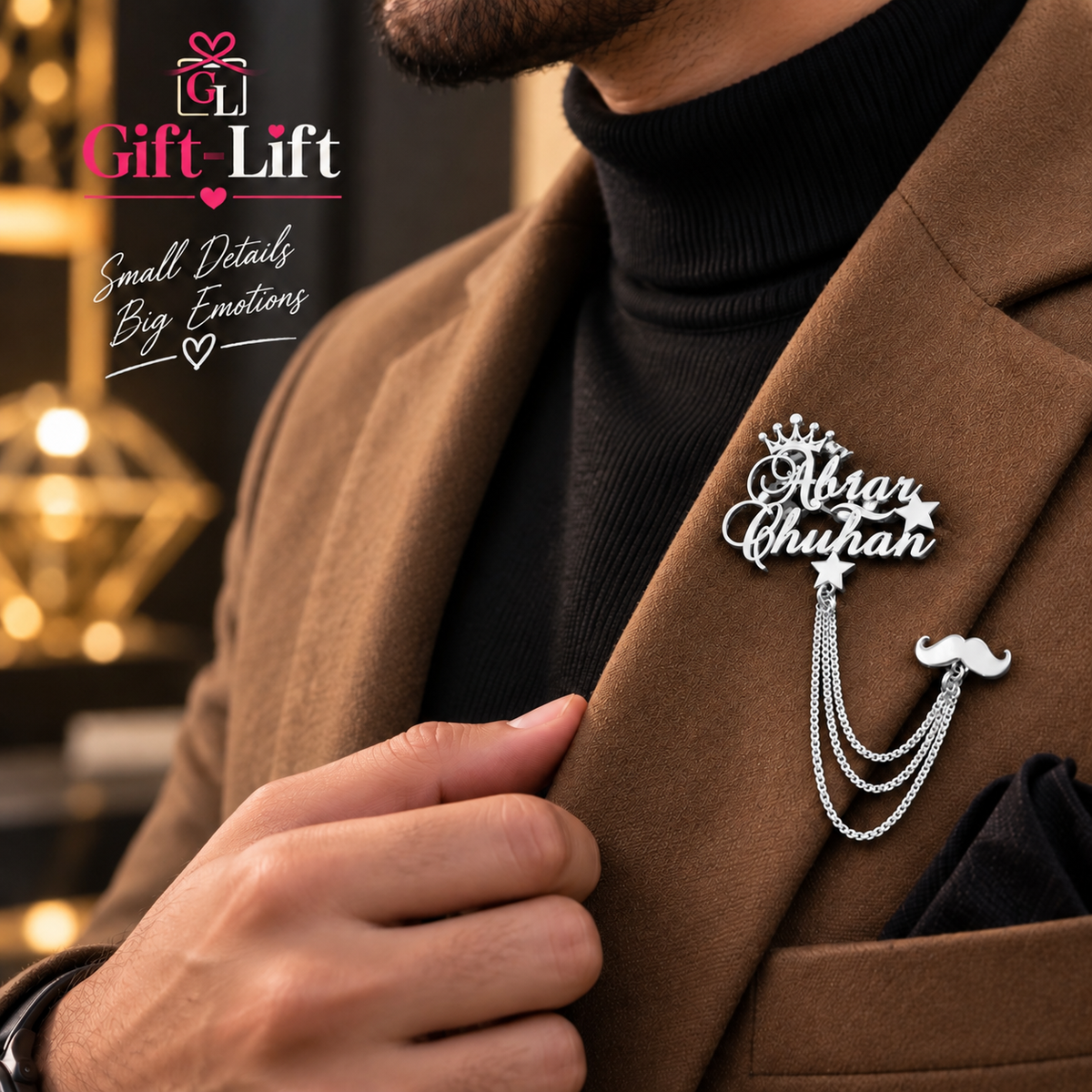Personalized Name Lapel Pin with Crown & Moustache