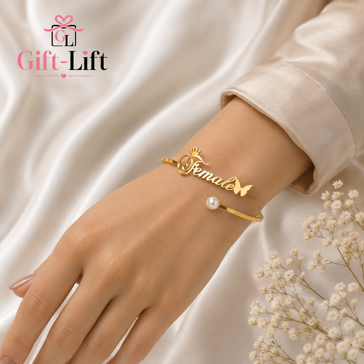 Personalized Name Bracelet – Crown, Butterfly & Pearl Cuff Bangle