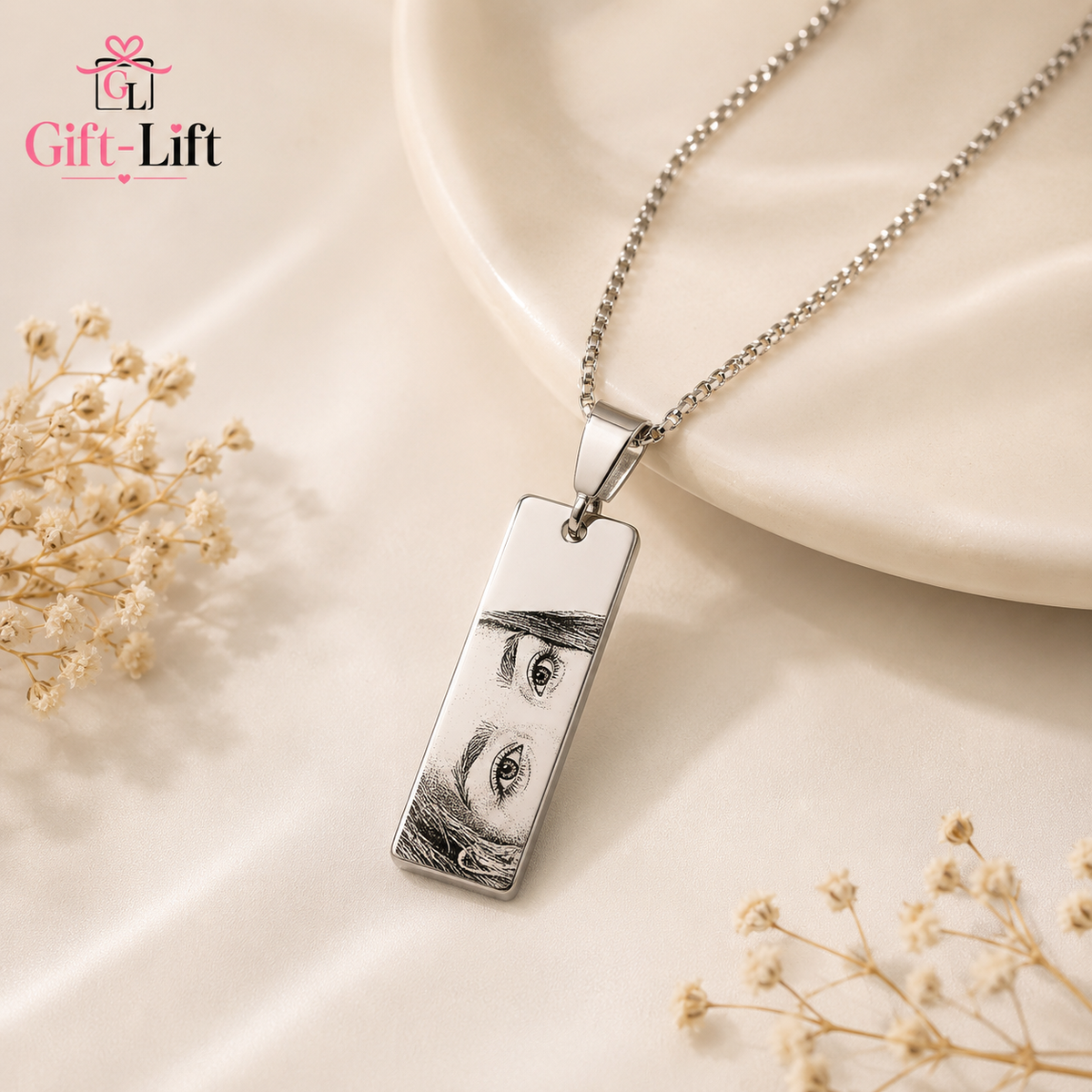 Custom Photo Eyes Sketch Engraved Pendant