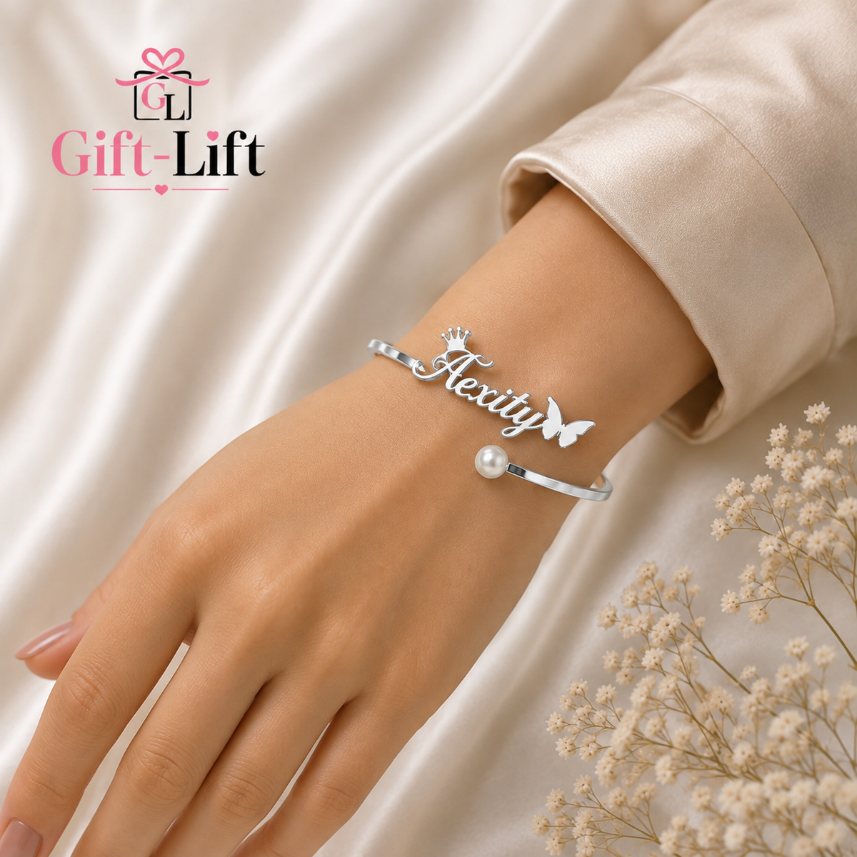Personalized Name Bracelet – Crown, Butterfly & Pearl Cuff Bangle