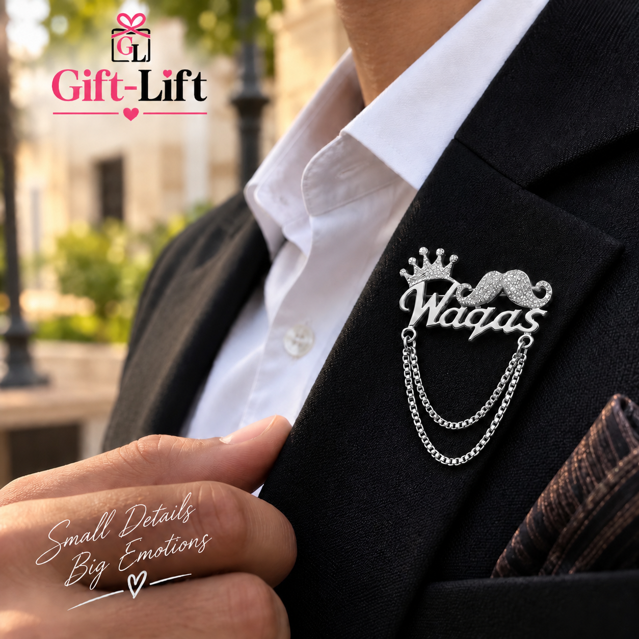 Personalized Name Lapel Pin with Crown & Moustache π