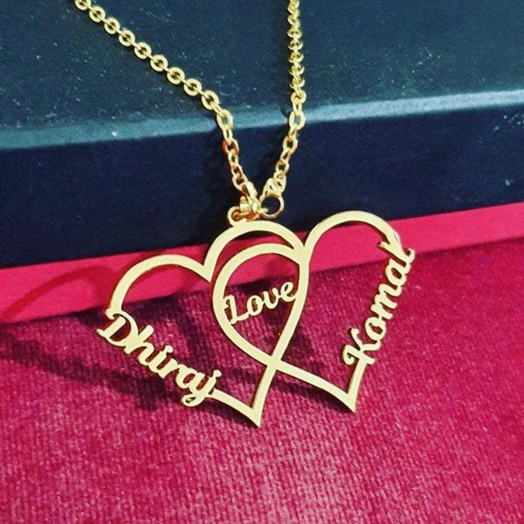 Customized Name Necklace Double Heart