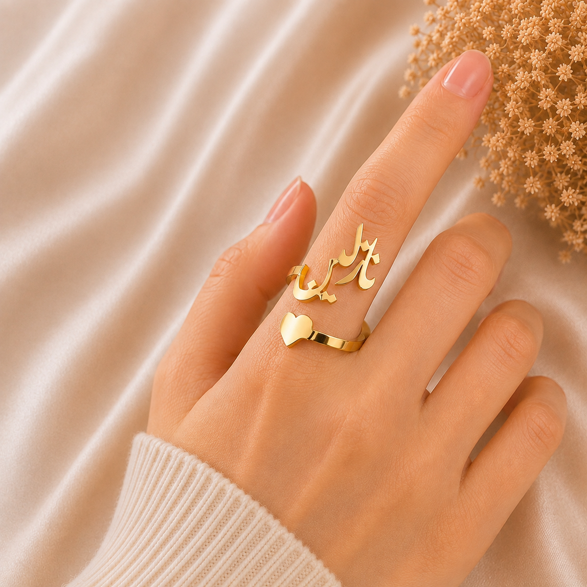 Personalized Arabic Name Ring with Heart Charm ❤️