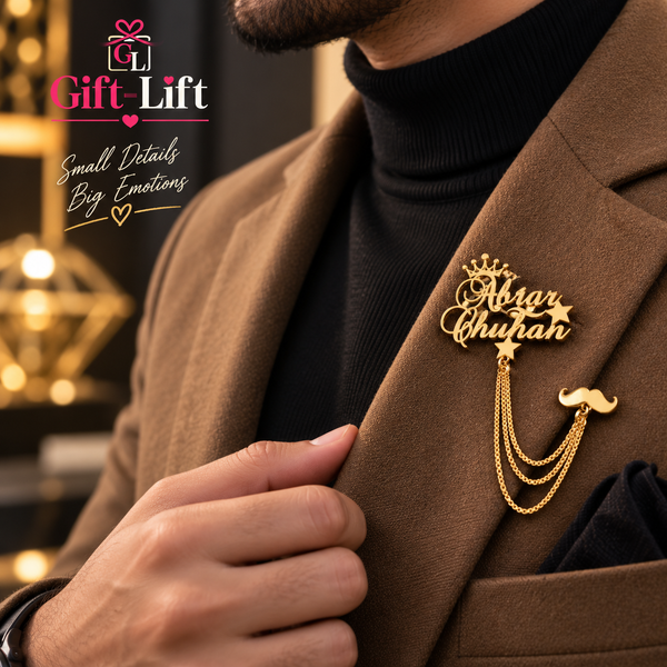 Personalized Name Lapel Pin with Crown & Moustache