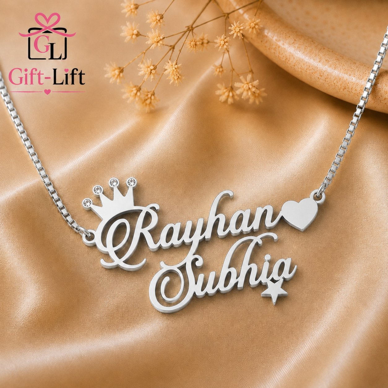 Custom Name Necklace with Stone Crown & Heart Charm ❤️