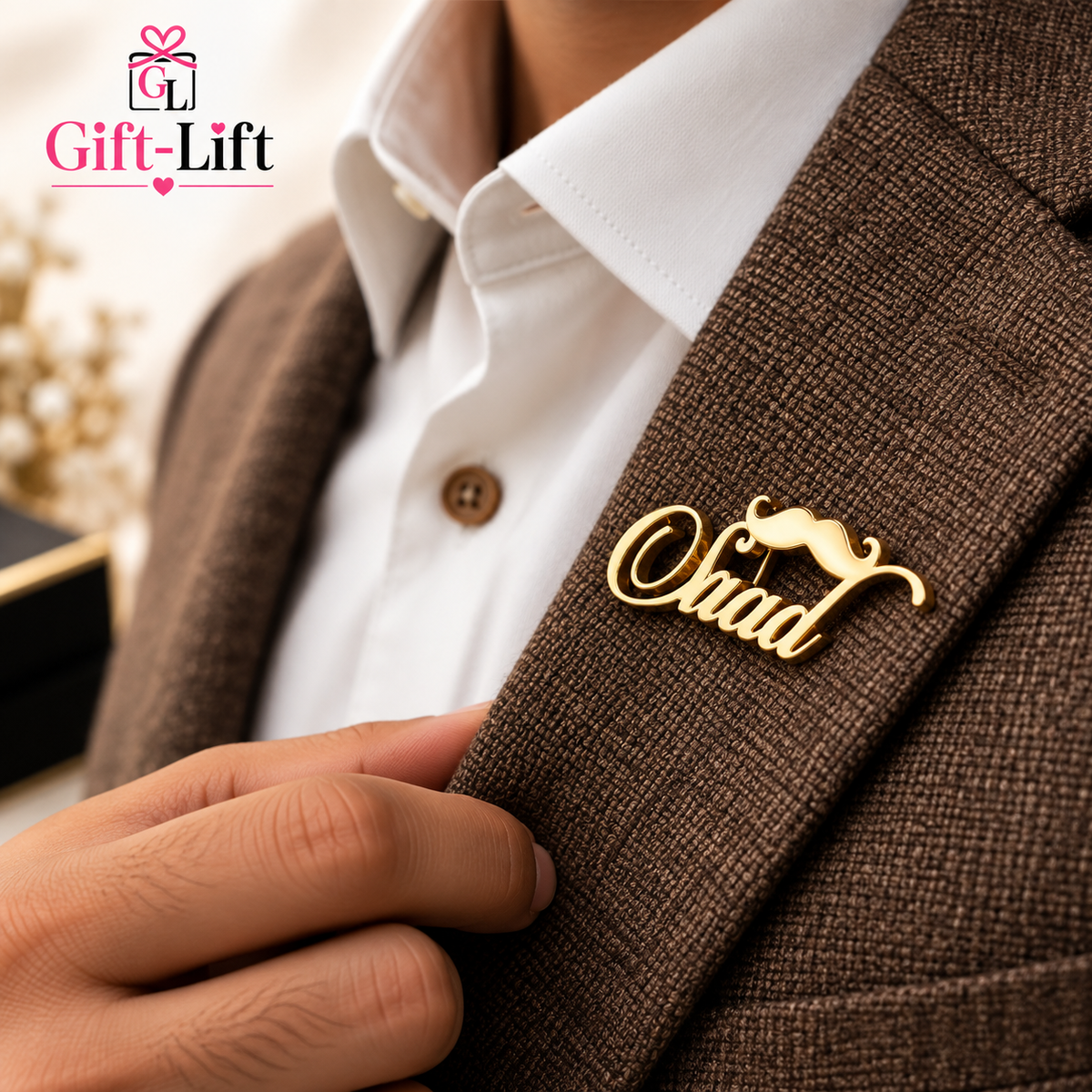 Custom Name Lapel Pin with Mustache Charm
