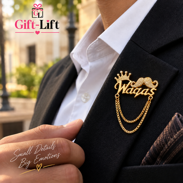Personalized Name Lapel Pin with Crown & Moustache 👑