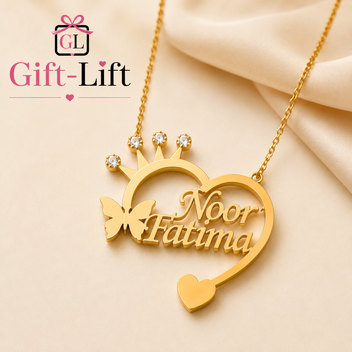 Custom Crown Heart Name Necklace with Butterfly