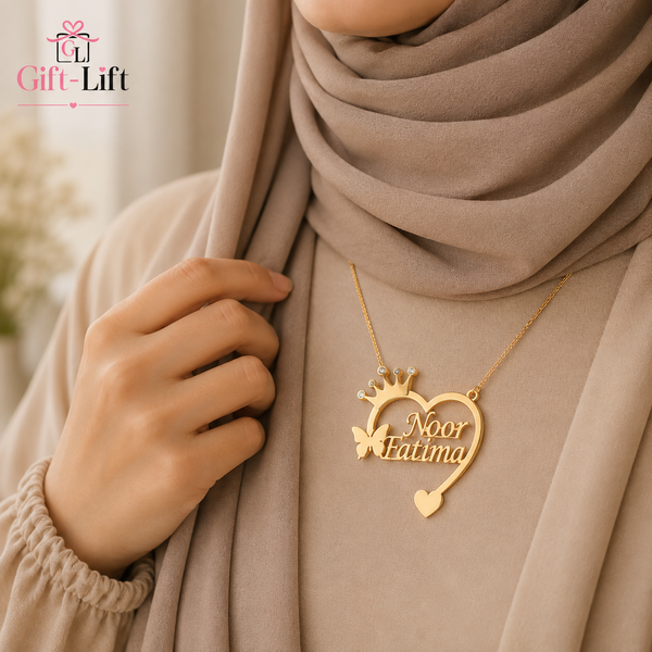 Custom Crown Heart Name Necklace with Butterfly